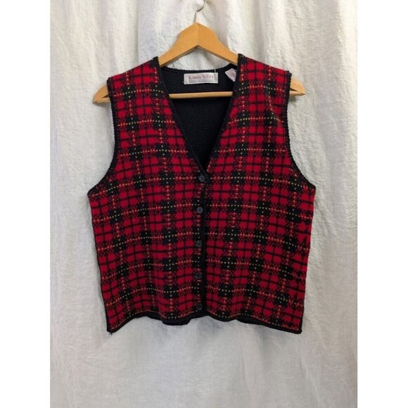 Karen Scott button up sweater vest red & black wool women's medium Vintage K4 - Picture 1 of 6